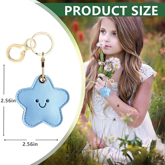 Leather Keychain Holder Case Compatible with AirTag,Cute Protective Cover with Keyring,Anti-Scratch Finder GPS Tracker Case for Wallet Keys,bag,pets,Backpack(Blue Star)