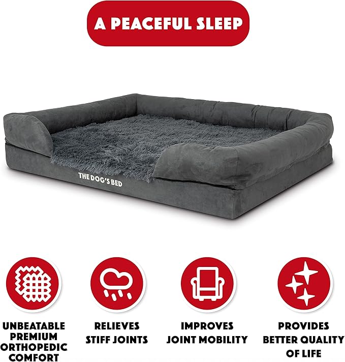 The Dog’s Bed Orthopedic Memory Foam Dog Bed with Bolsters for XL Dogs, Waterproof Washable Cover, Anti-Slip Base, Calming Surface – CertiPUR-Certified Foam, Fur Fabric, Grey Fur, XL