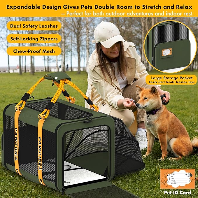 PAWZIDEA Large Pet Carrier Expandable, 24"×16"×16" Soft-Sided Cat Carrier for 2–4 Cats up 55lb, Portable & Collapsible Small Medium Dog Travel Crate for Car, XL Storage Pocket, ID Card, Shoulder Strap