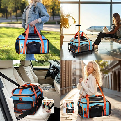 Petskd Top-Expandable Small Pet Carrier with Wheels (19" L x 13" W x 9" H), Southwest/Allegiant Airlines Approved, Rolling Pet Carrier for Small Dogs & Cats (Black)