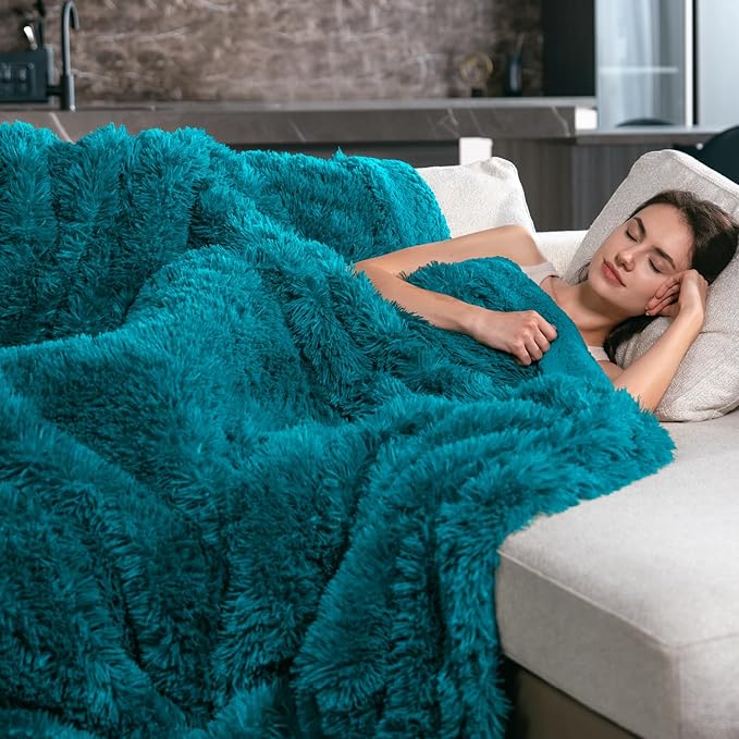 Pawque Sherpa Fleece Blanket Twin Size Teal Green - Faux Fur Fluffy Warm Plush Blankets for Bed, Cozy Thick Lightweight Reversible Decor for Winter Sofa Couch, 60x80 inches