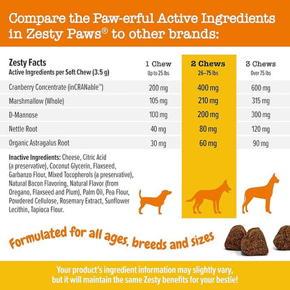 Zesty Paws Cranberry Supplement for Dogs - Bladder Control for Dogs - Urinary Tract Support - Cranberry Chews with D-Mannose, Vitamin B6 & L-Arginine - Immune & Gut Support - Bacon - 90 Count