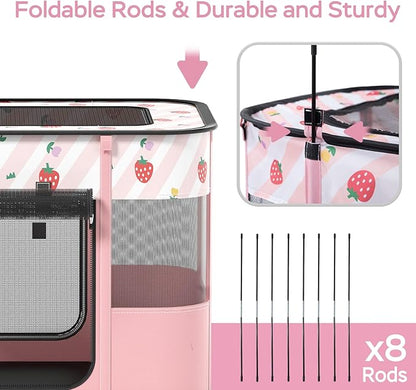 Portable Pet Playpen, Cat Playpen for Indoor Cats Enclosed，Kitten Playpen Indoor with Resistant Breathable Shade Cover,Indoor Outdoor Use for Small Medium Pet (M, Pink)