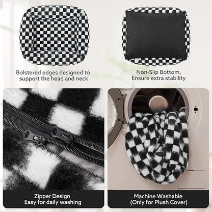 JOEJOY Dog Bed Medium Size Dog, Removable Washable Cover Orthopedic Soft Pet Bed, Anti-Slip Fluffy Plush Faux Rabbit Fur Puppy Bed, 30"x24"x8", Checkered, Black