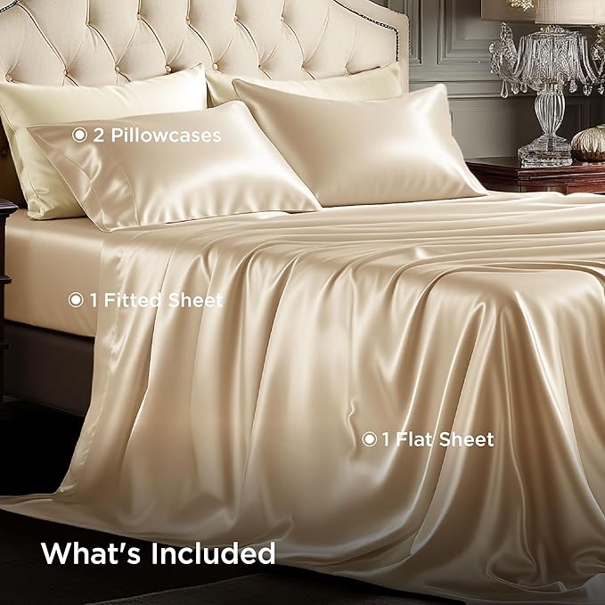 Bedsure Satin Sheets Queen Size - 4 Piece Silky Bedsheets with Elastic Corner Straps and 15 Inches Deep Pocket Fitted Bedsheet,1 Flat Sheet, 2 Satin Pillowcases, Good for Hair & Skin (Queen,Champagne)