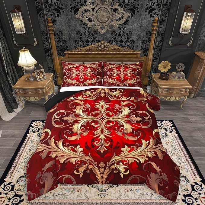 Erosebridal (Just Print Red Damask Print Toddler Size Comforter Set, Bohemian Vintage Floral Paisley Soft Bed Set for Kids Boys Girls, Tribal Hippie Exotic Quilt Set,Victorian Baroque Bed Sets