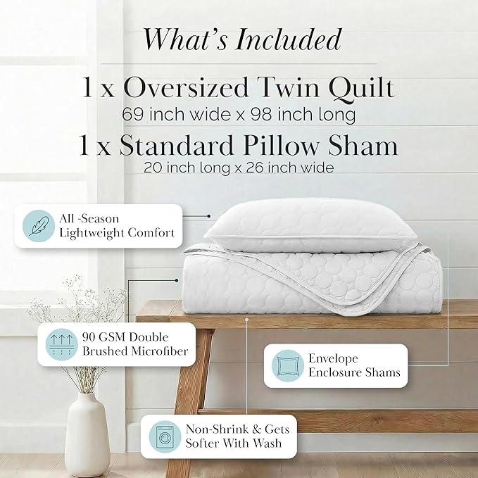 Southshore Fine Living, Inc. Twin XL Comforter Quilt Set, Dorm Room Bedding Essentials, Stain Resistant, Machine Washable Bed Spread, Twin XL White Quilt Bedspread Set w/Pillow Sham, Bright White