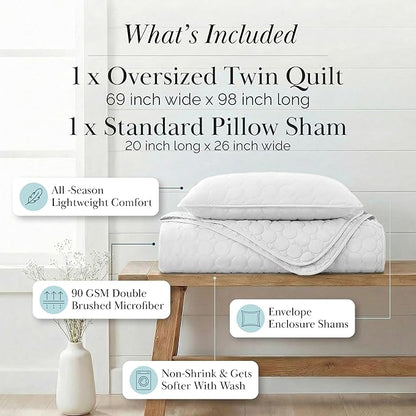 Southshore Fine Living, Inc. Twin XL Comforter Quilt Set, Dorm Room Bedding Essentials, Stain Resistant, Machine Washable Bed Spread, Twin XL White Quilt Bedspread Set w/Pillow Sham, Bright White