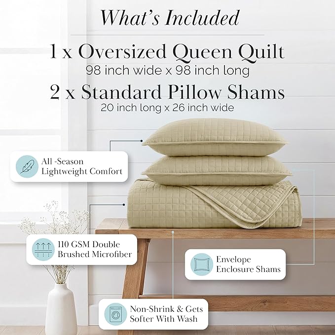 Southshore Fine Living, Inc. Full/Queen Quilt Set with 2 Matching Pillow Shams, Lightweight Full Size Quilt Coverlet, Easy Care, Machine Washable Queen Size Bedspread, Taupe