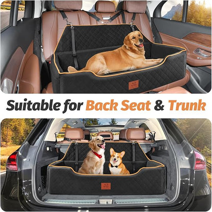 XIEEAOZEE Large Dog Car Seat for Dods Under 100 Lbs, Memory Foam Dog Car Bed for Backseat & Trunk, Detachable and Washable Cover, Pet Travel Seat with Storage Pockets, 2 Safety Belts