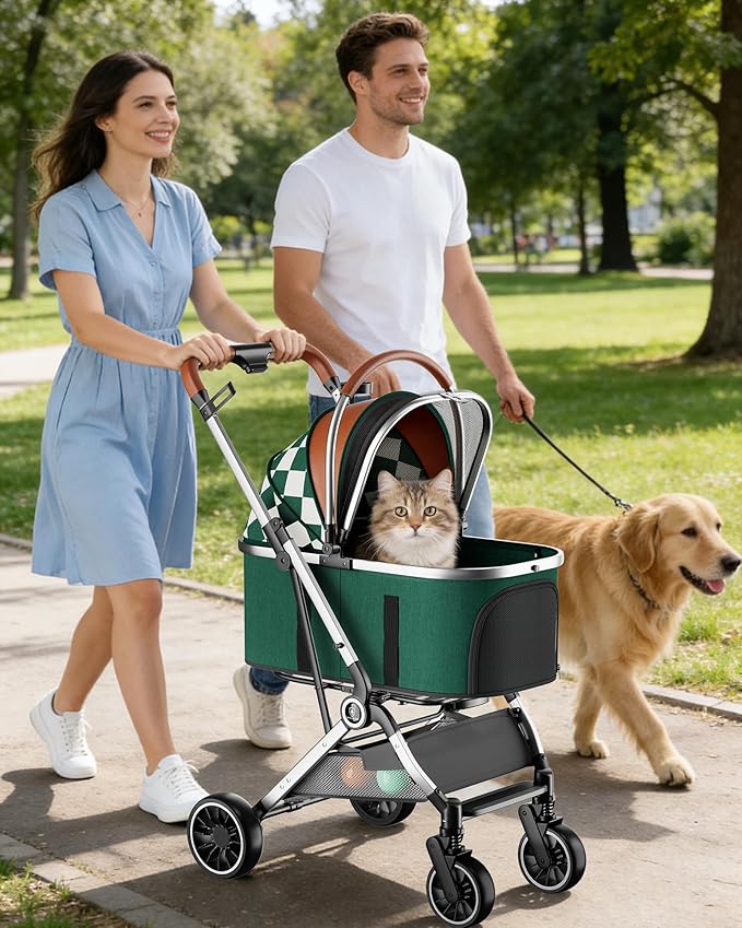 GTPLAYER Pet Stroller with Matching Stroller Mat Set, for Small Dogs and Cats Up to 45 lb, Detachable Carrier, One-Hand Fold, Stroller: Green, Mat: Beige