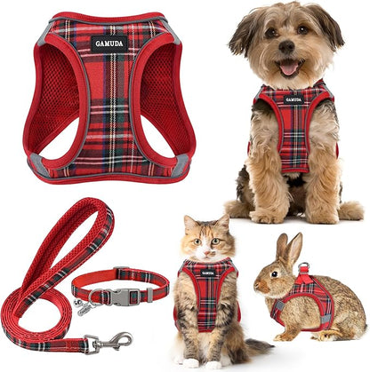 GAMUDA Small Dog Harness Collar and Leash Set, Step in No Chock No Pull Soft Mesh Adjustable Dog Vest Harnesses Plaid Reflective for Dogs Puppy Cats Kitten Rabbit (Red, M)