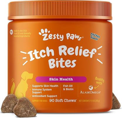 Zesty Paws Itch Relief for Dogs - Chews for Itching Skin & Coat - Omega-3 Fish Oil with EPA & DHA - Dog Allergy Relief Chews Supplement - Vitamin C & E Antioxidant Support - Chicken Flavor - 90 Count