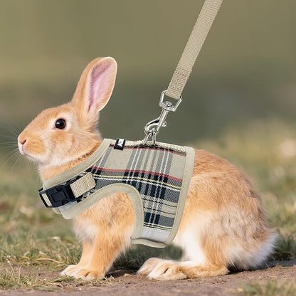 AIITLE Breathable Rabbit Harness and Leash Set - Plaid Pattern Padded Vest with Magic Tape Design, Dual D-Rings, Adjustable for Small Animal Pets, Indoor Outdoor Training Camping, Beige M