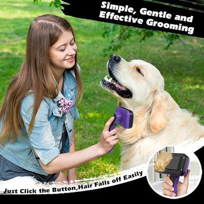 3PCS Self Cleaning Slicker Brush & Pet Grooming Rake & Flea Comb for Dogs,Cats and Horses | Double-Sided Dematting Comb & Skin Friendly Deshedding Grooming Tool | Premium Pet Supplies (Purple)