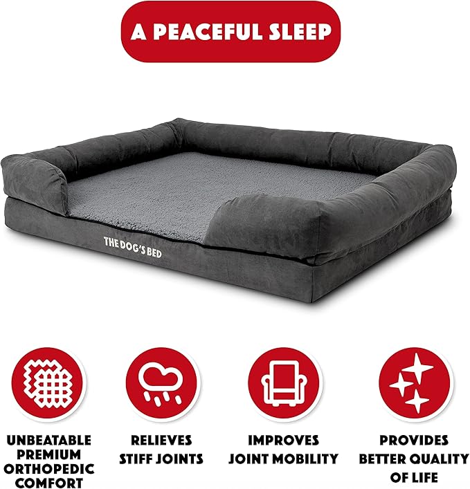The Dog’s Bed Orthopedic Memory Foam Dog Bed with Bolsters for XL Dogs, High Density Support Mattress, Low Front Entry, Removable Washable Cover, Plush Fabric, Grey Plush, XL
