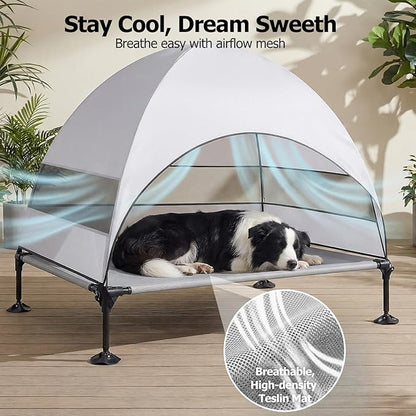 Elevated Dog Bed with Upgraded Canopy, Raised Outdoor Dog Tent with Powerful Anti-Slip Feet, Portable Pet Cot with Larger Shade, Raised Cooling Bed for Camping, Backyard, Beach, Poolside