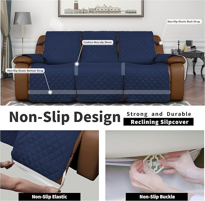 Easy-Going Recliner Sofa Cover, Reversible Couch Cover for 3 Seat Recliner, Split Sofa Cover for Each Seat, Furniture Protector with Elastic Straps for Kids, Dogs, Pets(3 Seater, Navy/Ivory)
