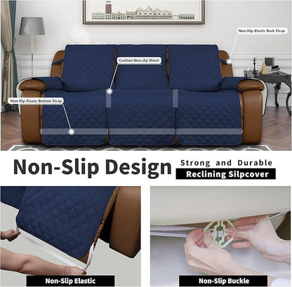 Easy-Going Recliner Sofa Cover, Reversible Couch Cover for 3 Seat Recliner, Split Sofa Cover for Each Seat, Furniture Protector with Elastic Straps for Kids, Dogs, Pets(3 Seater, Navy/Ivory)