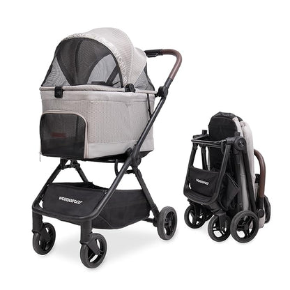 WonderFold Bella Pet Stroller - Autofold Design with Lightweight Aluminum Frame, Breathable Carriage Fabrics and Canopy, Safety Tethers & Easy-Clean Interior - Light Gray