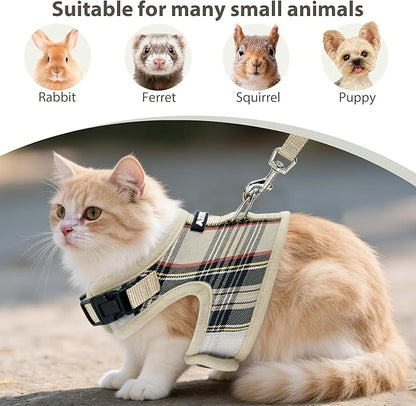 AIITLE Adjustable Bunny Harness & Leash Set - Soft Mesh Liner, Comfort Fit Plaid Pattern Vest with Magic Tape Design, Portable for Small Animal Pets Puppy Cat Rat Squirrel Ferret, Beige L