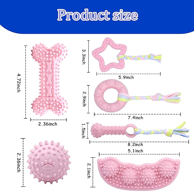 6 Pack Pet Dog Puppy Chew Toys for Teething Small Dogs,Soft Natural Rubber Pink Interactive Dog Puppy Toys Fun Cleaning Squeaky,Funny Dog Chew Toys for Small Medium Breed