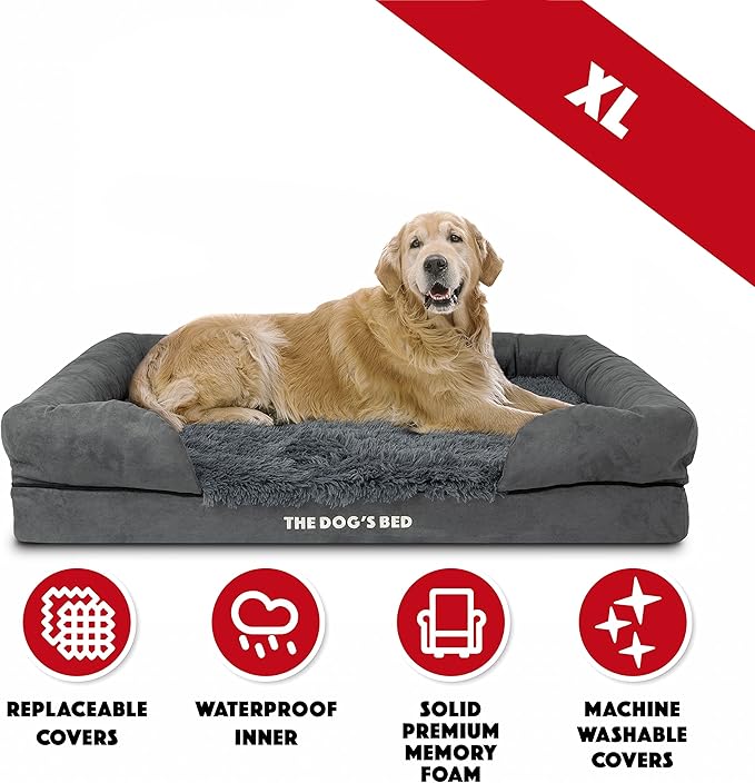 The Dog’s Bed Orthopedic Memory Foam Dog Bed with Bolsters for XL Dogs, Waterproof Washable Cover, Anti-Slip Base, Calming Surface – CertiPUR-Certified Foam, Fur Fabric, Grey Fur, XL