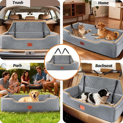 XIEEAOZEE Large Dog Car Seat for Dods Under 100 Lbs, Memory Foam Dog Car Bed for Backseat & Trunk, Detachable and Washable Cover, Pet Travel Seat with Storage Pockets, 2 Safety Belts
