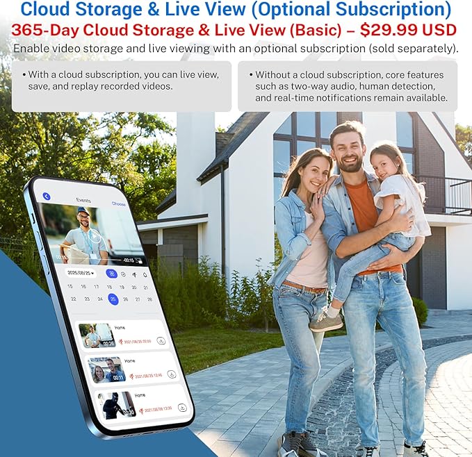 1080p Smart Video Doorbell Camera Wireless, Live View, AI Human Detection, Night Vision, Cloud Storage, 2.4G WiFi, Battery Powered, Indoor Outdoor Surveillance