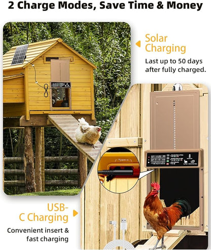 Automatic Chicken Coop Door Solar Powered, Pet Deluxe Chicken Door with Programmable Timer & Light Sensor, Anti-Pinch Safety, 7W Solar Panel, Aluminum Alloy with 10 Wire Clips Solar Chicken Door-Brown