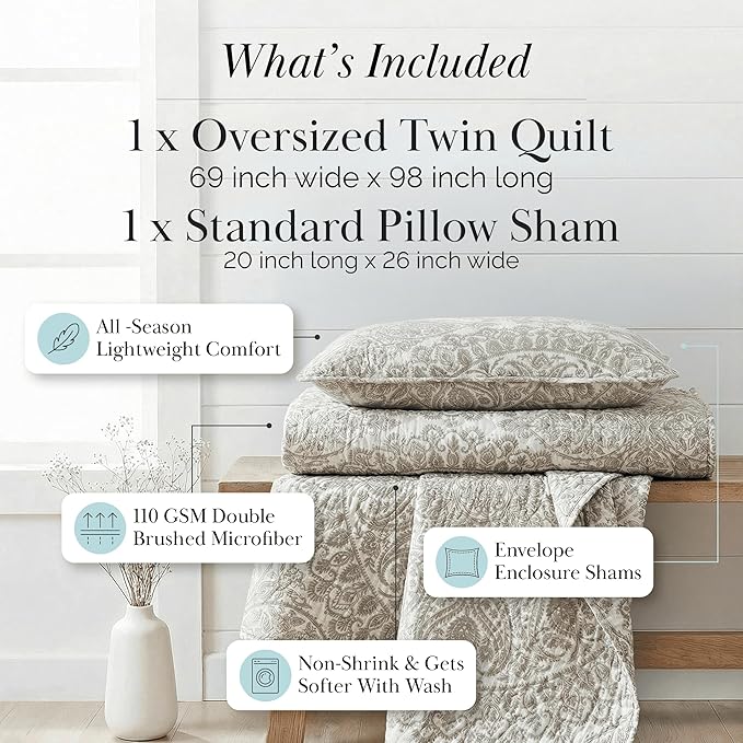 Southshore Fine Living, Inc. Quilt Comforter, Twin XL Dorm Bedding Set, Stain Resistant, Machine Washable Boho Bed Spread, Twin XL Quilt Bedspread Set w/Pillow Sham, Ashanti Bone