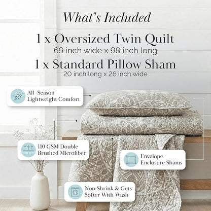 Southshore Fine Living, Inc. Quilt Comforter, Twin XL Dorm Bedding Set, Stain Resistant, Machine Washable Boho Bed Spread, Twin XL Quilt Bedspread Set w/Pillow Sham, Ashanti Bone