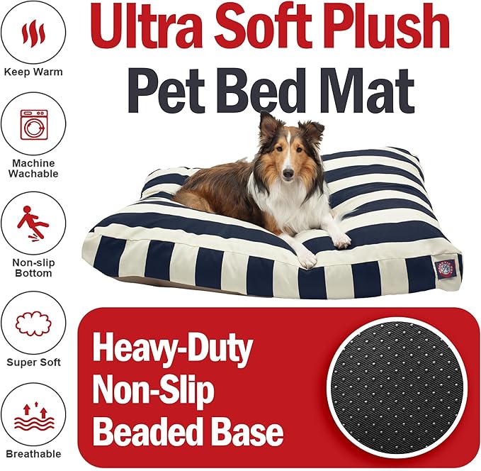 Majestic Pet Shredded Memory Foam Dog Bed Large with Removable Washable Cover 44x36x5 Inch - Rectangle Orthopedic Dog Bed for Senior Dogs–Flat Durable Dogs Crate Bed - Vertical Stripe - Navy Blue