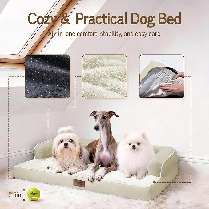 Comfort Expression Large Dog Bed Washable - XL Orthopedic Dog Beds Waterproof Pet Couch Memory Foam Sofa Bolster with Removable Cover - 42 x 30