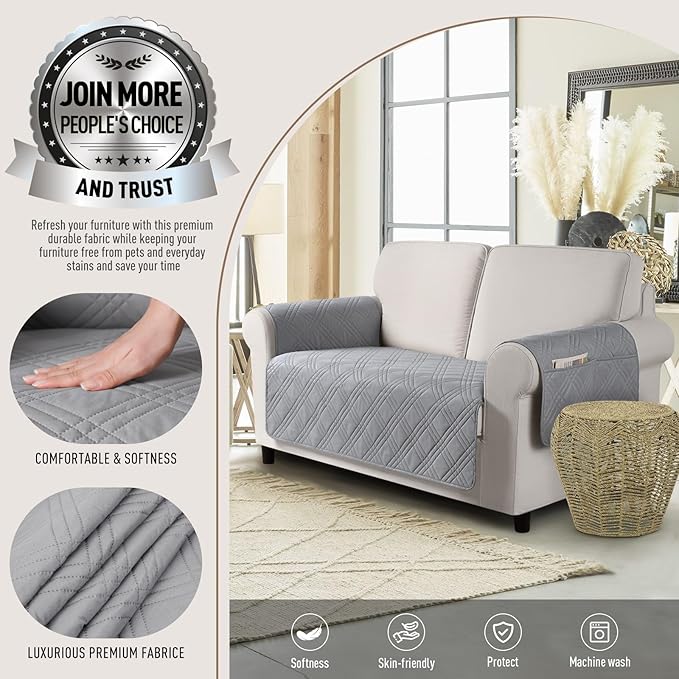 TAOCOCO Waterproof Loveseat Covers for Pets Dogs with Non Slip Backing, Sofa Seat Covers with Side Pocket for 2 Cushion Couch Washable Dog Couch Cover Protector Sofa Slipcovers(Loveseat, Light Gray)