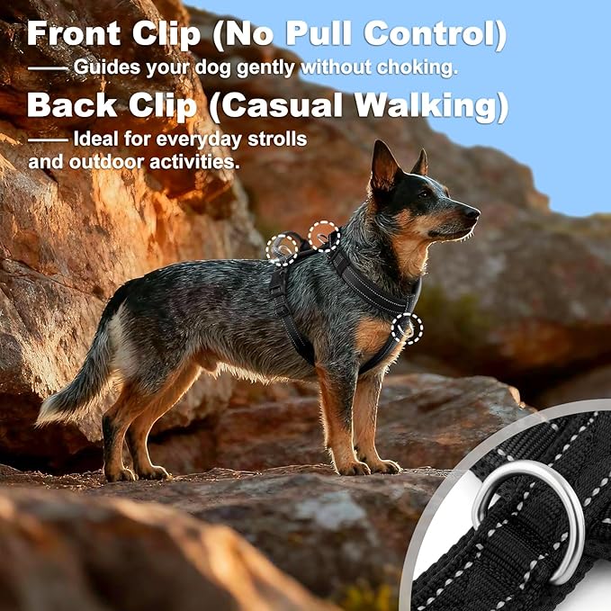 No Pull Dog Harness with Handle, Soft Mesh Padded Adjustable for Small Medium Large Dogs | Reflective Easy Walk Harness with Front Clip for Training, Running & Outdoor (Black, L)