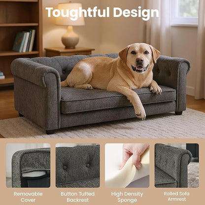 Elevated Dog Sofa with Backrest and Armrests, Button Tufted Dog Couch Bed with Soft Cushion for Medium Dogs, Stylish Lounging Bed Pet Couch Chair, 60Lbs Weight Capacity, Dark Gray
