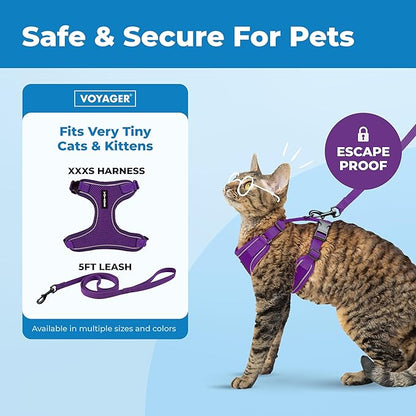 Voyager Escape-Proof Step-in Lock Cat Harness & 5ft Neoprene-Handle Leash Set All-Weather Mesh with Reflective Stitching for Small to Large Cats by Best Pet Supplies, Purple (327), XXXS