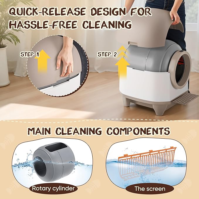 GUNJI Automatic Self-Cleaning Litter Box, 90L Large Capacity for Multiple Cats - APP Controlled with Safety Protection, Included Litter Mat & 1 Roll Garbage Bags (Brown)