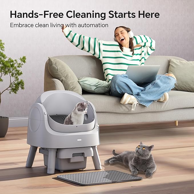 Mimfam Automatic Self Cleaning Litter Box, with 4 Pairs Infrared Senor, Open-Top Design for Multi-Cat Homes, Comes with Liner Bags and Cat Litter Mat, Grey