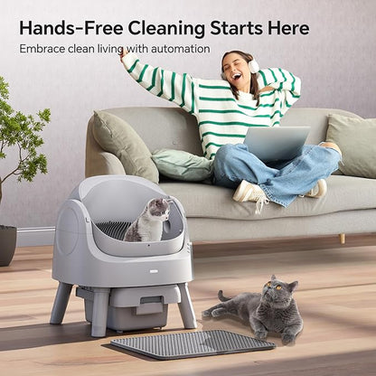 Mimfam Automatic Self Cleaning Litter Box, with 4 Pairs Infrared Senor, Open-Top Design for Multi-Cat Homes, Comes with Liner Bags and Cat Litter Mat, Grey