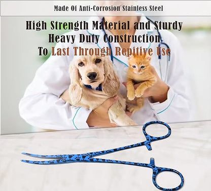 Dog Pet Ear/Nose Hair Puller Grooming Hemostat Locking Forceps Curved Pliers, 5.5" (14cm) Full Serrated Clamps Stainless Steel (Blue Paws)