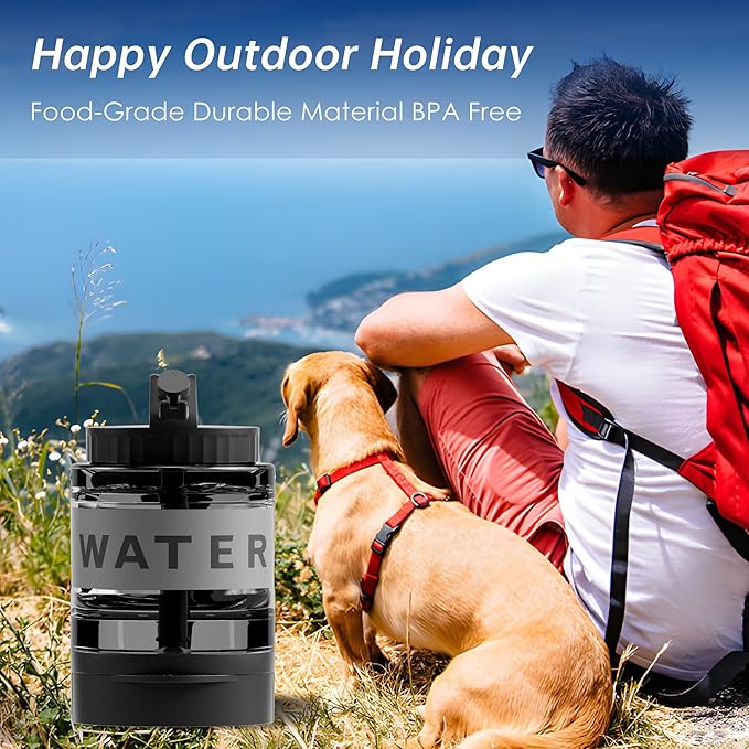 77oz Portable Dog Water Bottle, Camping Essentials, Large Travel Bottle with Pull-Out Drinking Bowl, Portable Beach Accessories, Car Water Container for Dogs, BPA Free - Black