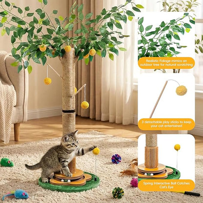 Tall Cat Scratching Post 45 Inch – Heavy Duty Sisal Cat Scratcher for Large Indoor Cats, Stable Base with Hanging Toys & Self Grooming Brush