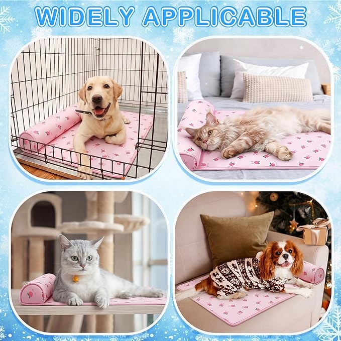 DoubleFill 4 Pack Cooling Dog Mats with Supportive Pillow 23.6" x 31.5" Self Cooling Dog Pads Ice Silk Washable Pet Cool Mat Summer Cat Sleeping Pad with Storage Bag for Crate Bed Floor (Large, Pink)