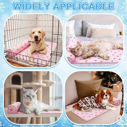 DoubleFill 4 Pack Cooling Dog Mats with Supportive Pillow 23.6" x 31.5" Self Cooling Dog Pads Ice Silk Washable Pet Cool Mat Summer Cat Sleeping Pad with Storage Bag for Crate Bed Floor (Large, Pink)
