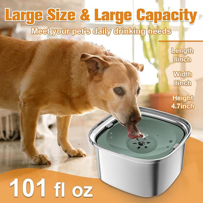 Decflow 3L Stainless Steel Slow Drinking Dog Bowl with Lid, No Spill Travel Dog Water Bowl Dispenser for Large Dogs