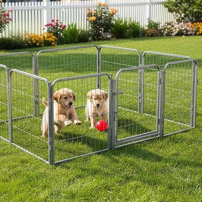 Dog Playpen - 24 inch, 8 Panel Portable Grey Metal Pet Play Pen for Small Dogs & Puppies - Indoor/Outdoor Kennel Cage | Anti-Rust - Tool Free Setup for Home, Yard, RV, or Camping