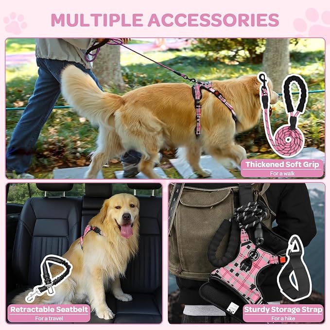 FURRYFECTION Plaid Dog Harness for Large Dogs, Reflective No Pull Adjustable Pet Vest with Front Clip, Leash, Easy Control Handle and Seat Belt, Pink&Black, XL