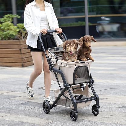 Upgraded Small/Medium Pet Stroller - Dogs & Cats up to 66 lbs, Folds for Storage and Features a Safety Foot Brake, 3-in-1 Foldable Portable Travel Carrier for 2 Small to Medium Pets (Beige)